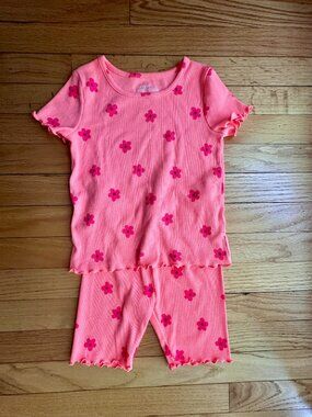 Cat & Jack Coral Pink Floral Ribbed Tee + Bike Shorts Set (XS 4/5 girls)